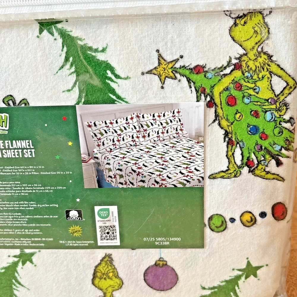 Dr Seuss The Grinch Holiday Cotton Flannel QUEEN Sheet Set Christmas Trees NEW
